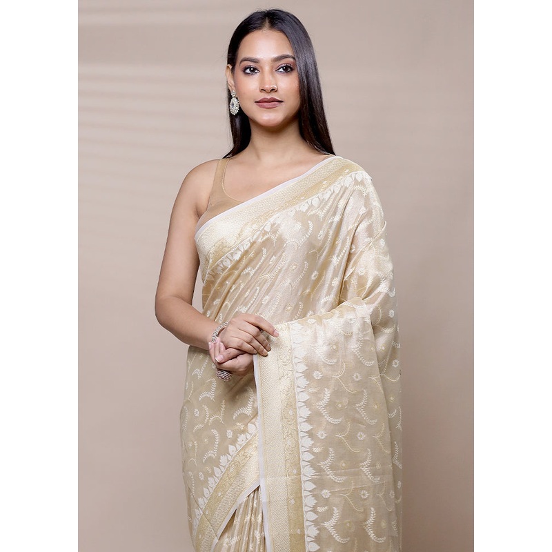 Cream Tissue Silk Saree With Blouse Piece - JD986609037