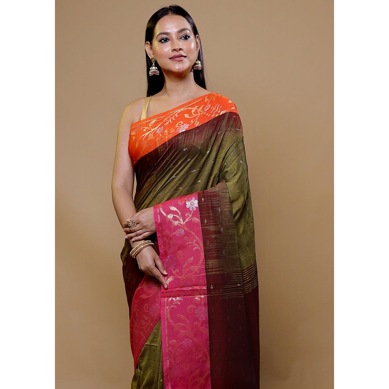Green Cotton Saree With Blouse Piece - JD986609023