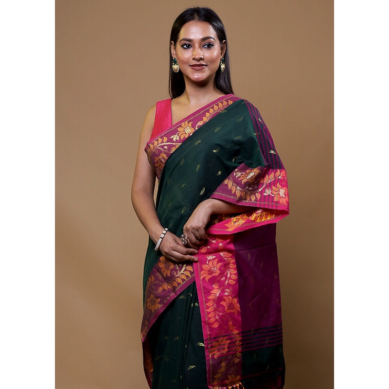 Green Cotton Saree With Blouse Piece - JD986609101