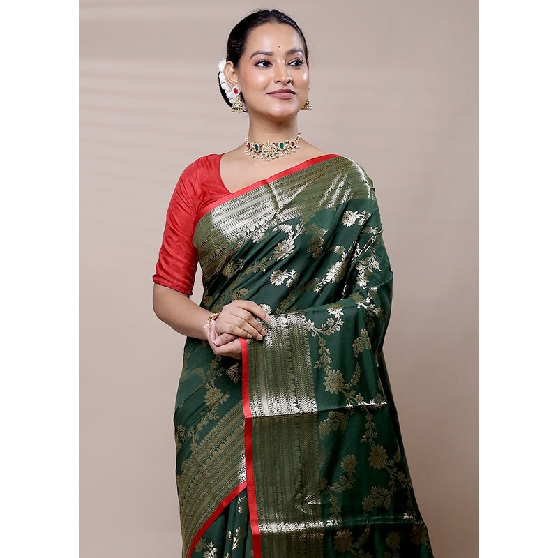 Green Dupion Silk Saree With Blouse Piece - JD986609032