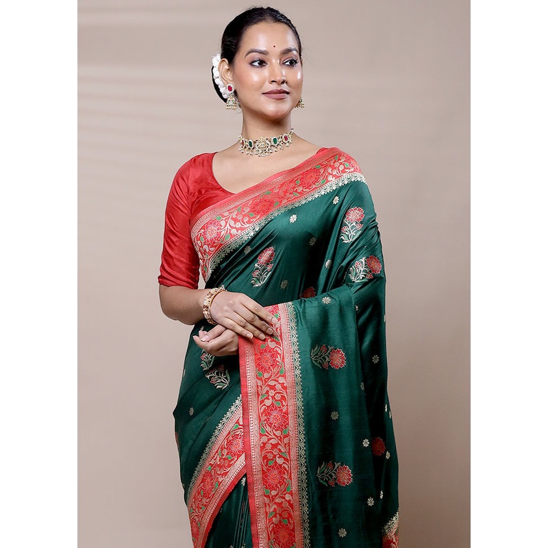Green Dupion Silk Saree With Blouse Piece - JD986609033