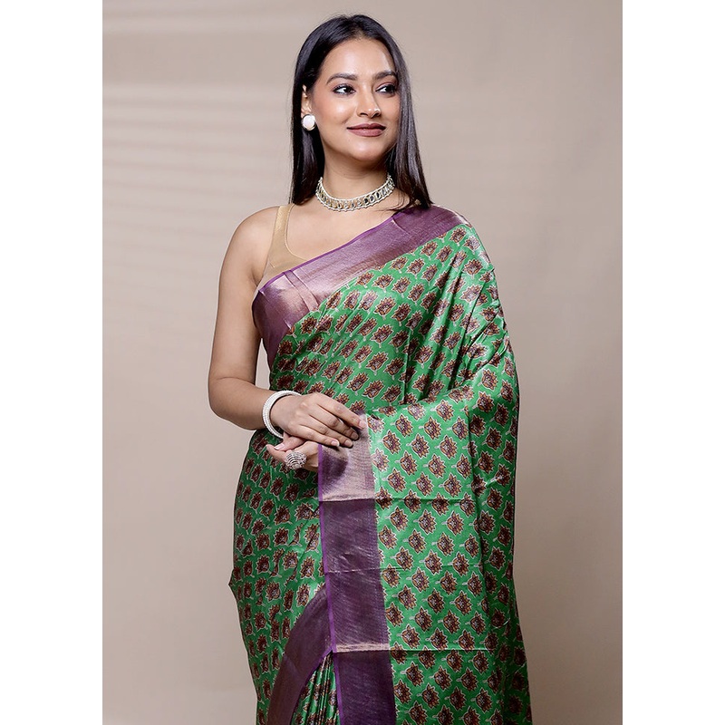 Green Dupion Silk Saree With Blouse Piece - JD986609034