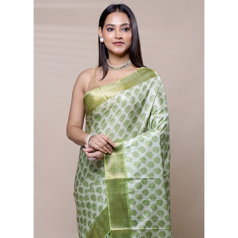 Green Dupion Silk Saree With Blouse Piece - JD986609036