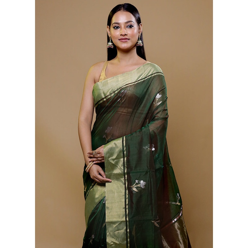 Green Handloom Chanderi Pure Cotton Saree With Blouse Piece - JD986609030