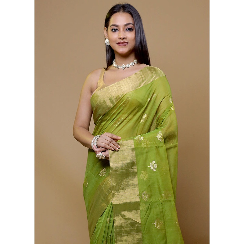 Green Handloom Chanderi Pure Cotton Saree With Blouse Piece - JD986609031