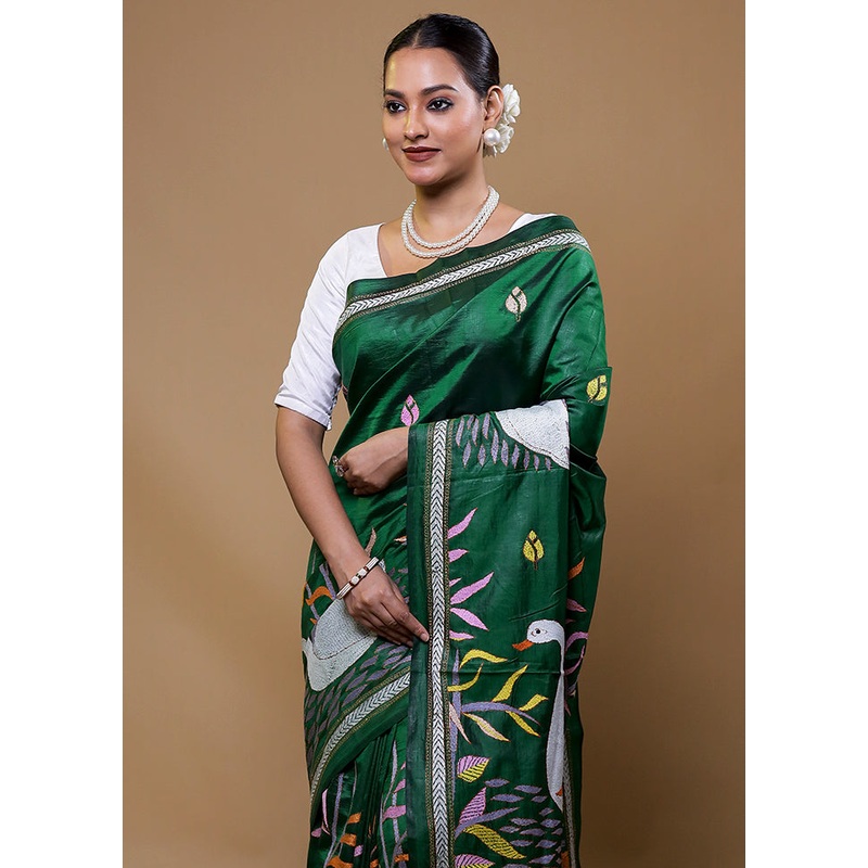 Green Handloom Kantha Stitch Pure Silk Saree With Blouse Piece - JD986609104