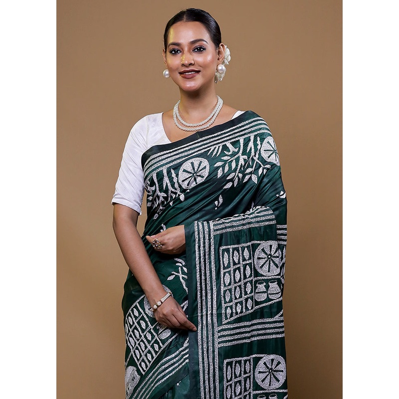Green Kantha Stitch Silk Saree With Blouse Piece - JD986609102
