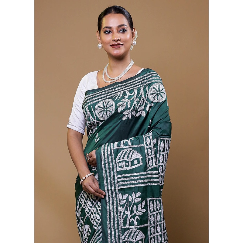 Green Kantha Stitch Silk Saree With Blouse Piece - JD986609103