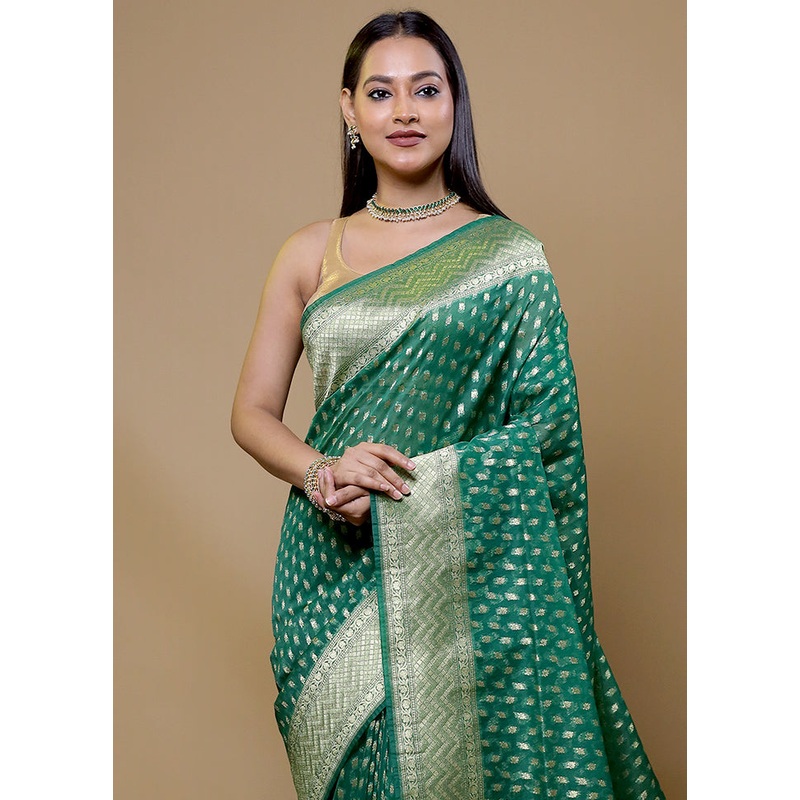 Green Organza Saree With Blouse Piece - JD986609017