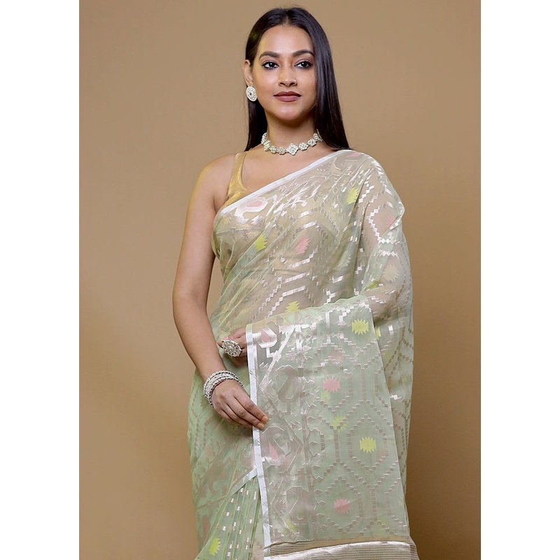Green Organza Saree With Blouse Piece - JD986609018