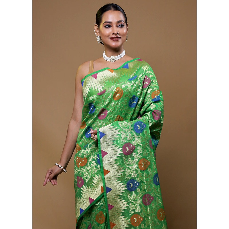 Green Organza Saree With Blouse Piece - JD986609100