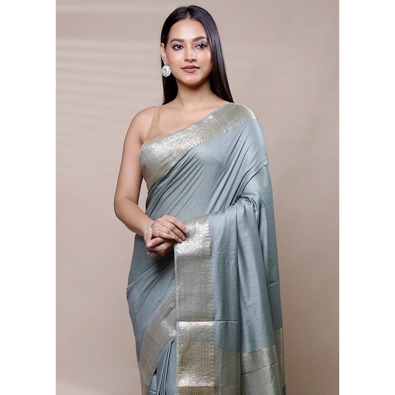 Grey Cotton Saree With Blouse Piece - JD986609012