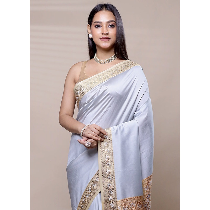 Grey Dupion Silk Saree With Blouse Piece - JD986609010