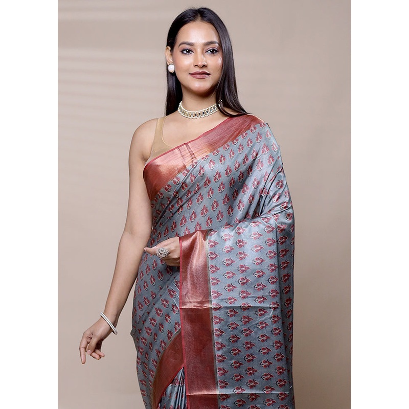 Grey Dupion Silk Saree With Blouse Piece - JD986609011