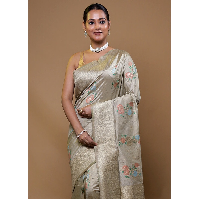 Grey Dupion Silk Saree With Blouse Piece - JD986609096