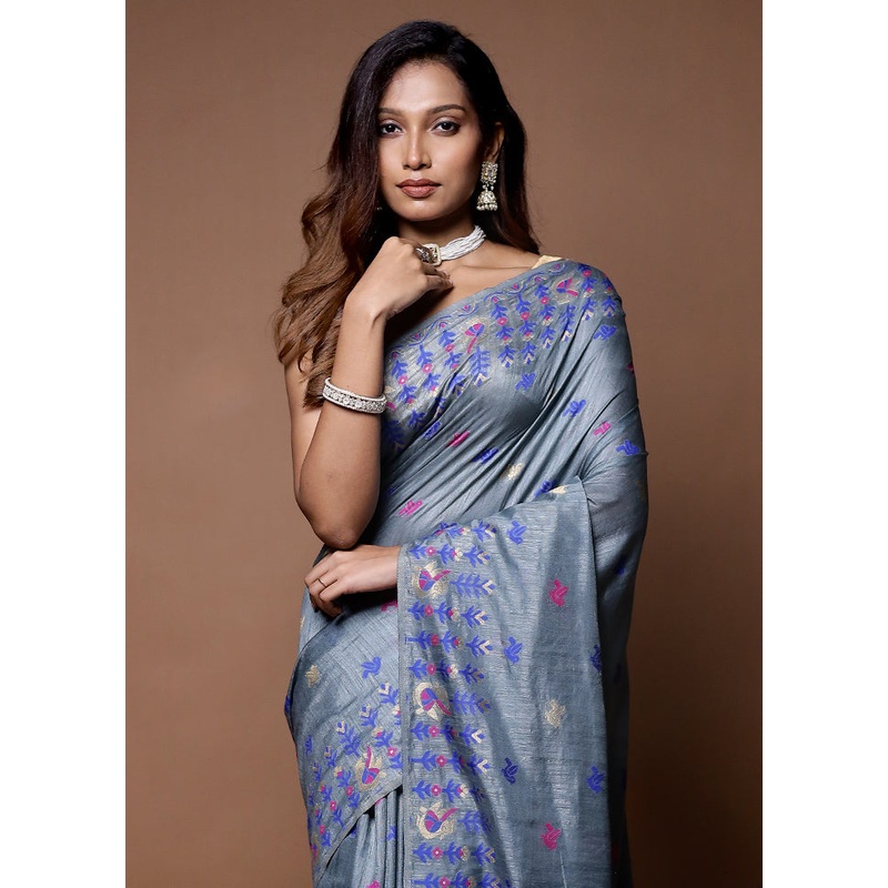 Grey Dupion Silk Saree With Blouse Piece - JD986609117