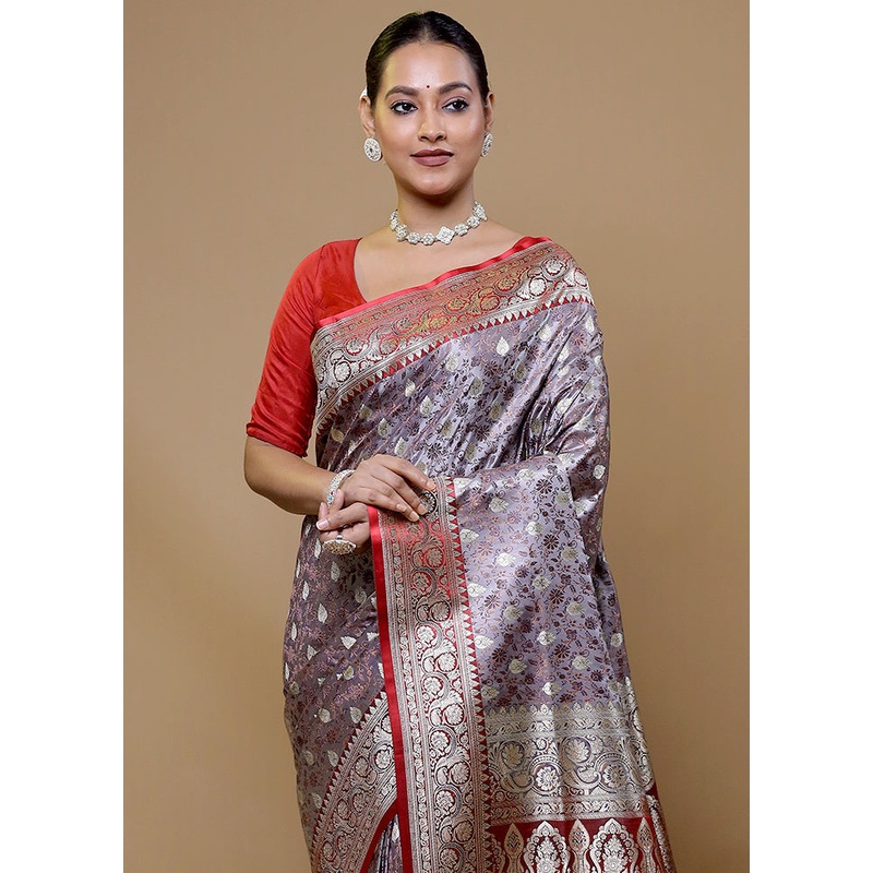 Grey Handloom Tanchoi Pure Silk Saree With Blouse Piece - JD986609009
