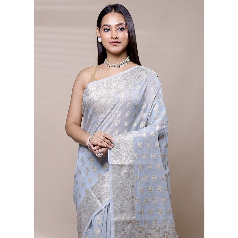 Grey Net Saree With Blouse Piece - JD986609008