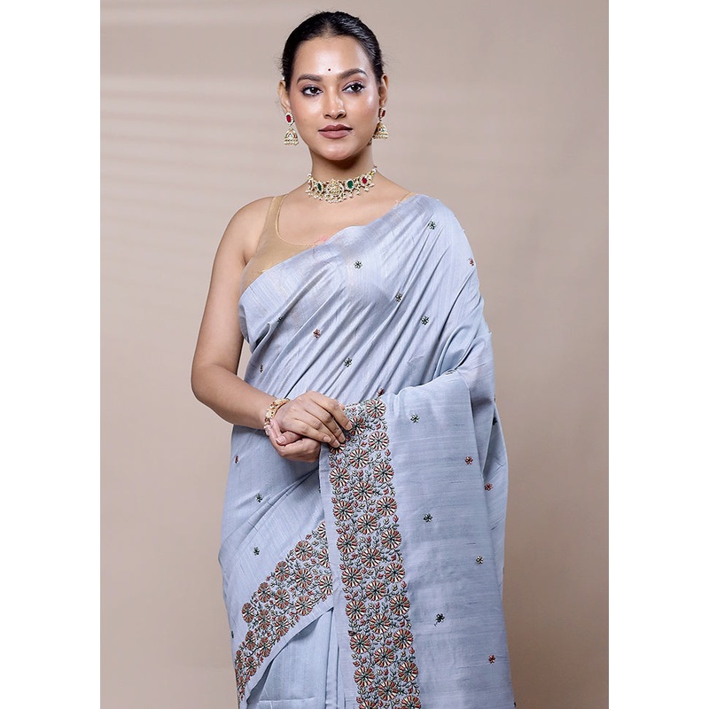 Grey Tussar Silk Saree With Blouse Piece - JD986609005