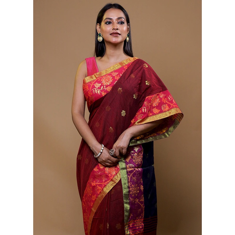 Maroon Cotton Saree With Blouse Piece - JD986609093