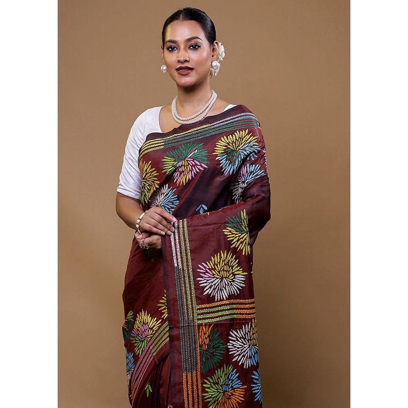 Maroon Kantha Stitch Silk Saree With Blouse Piece - JD986609094