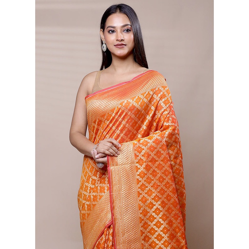 Orange Kora Silk Saree With Blouse Piece - JD986609003