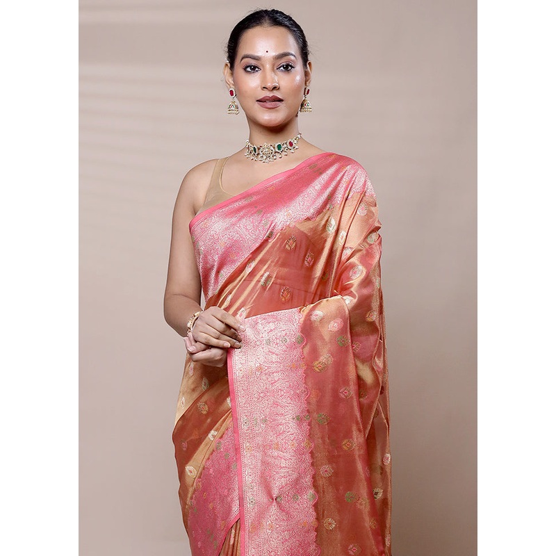 Peach Tissue Silk Saree With Blouse Piece - JD986609002