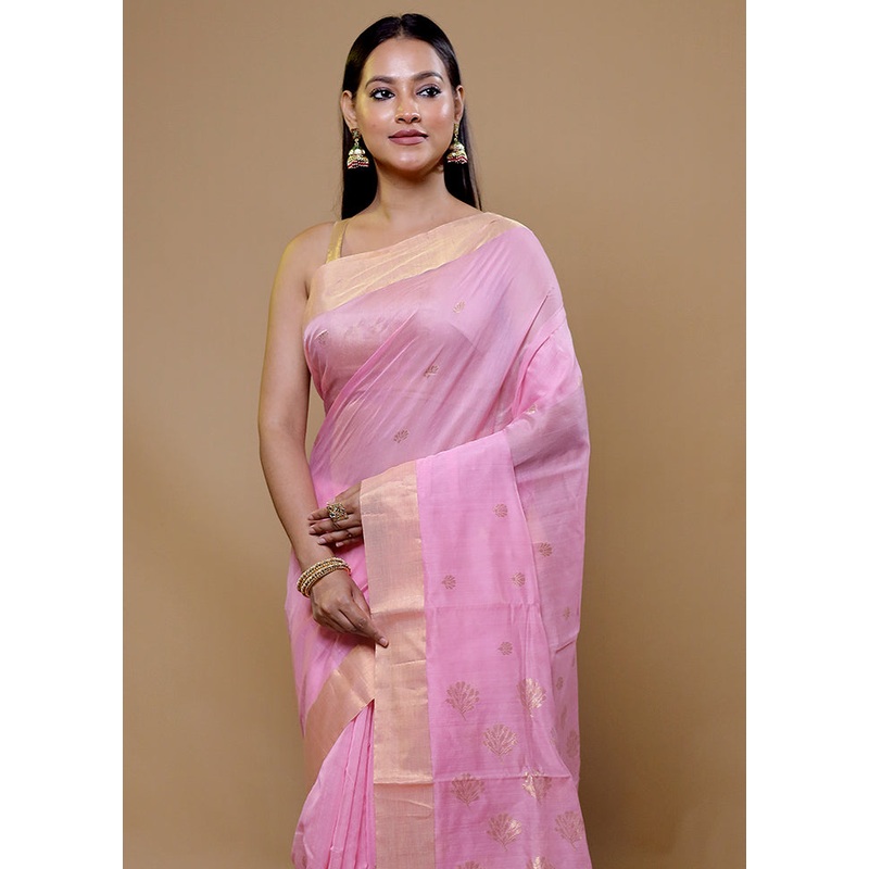 Pink Chanderi Cotton Saree With Blouse Piece - JD986609001