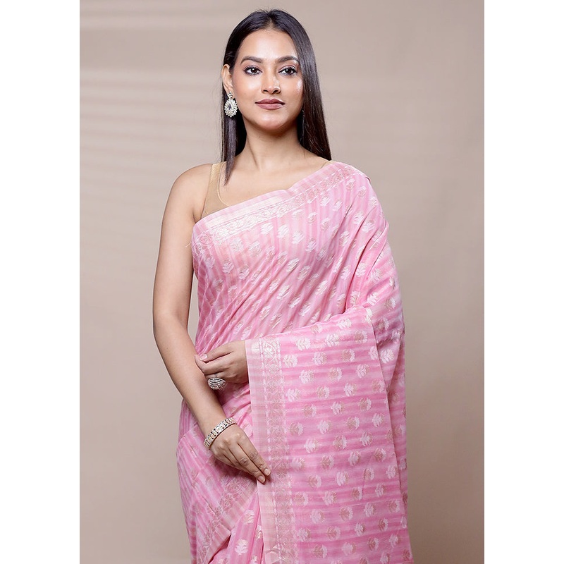 Pink Cotton Saree With Blouse Piece - JD986608999