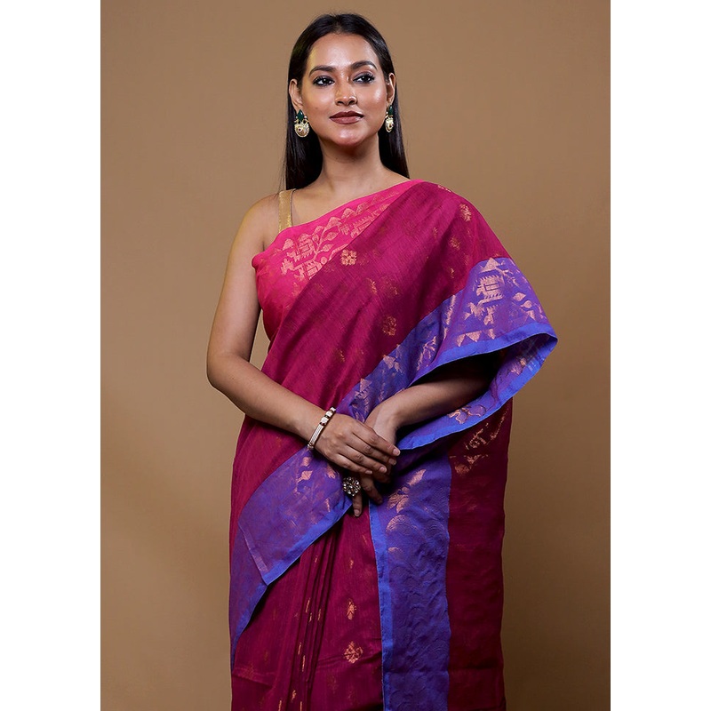 Pink Cotton Saree With Blouse Piece - JD986609091