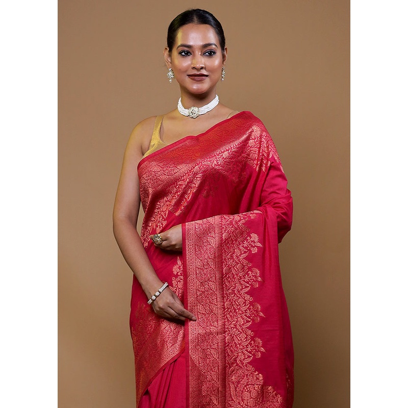 Pink Dupion Silk Saree With Blouse Piece - JD986609092
