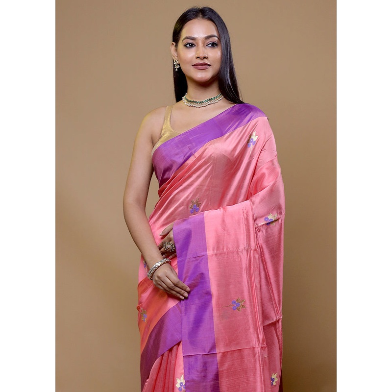 Pink Handloom Chanderi Pure Cotton Saree With Blouse Piece - JD986608995