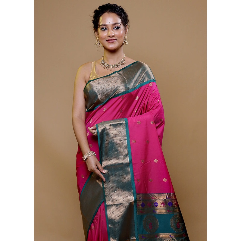 Pink Kanjivaram Silk Saree With Blouse Piece - JD986608993