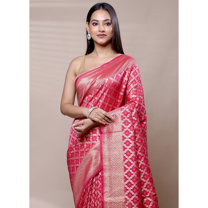 Pink Kora Silk Saree With Blouse Piece - JD986608990