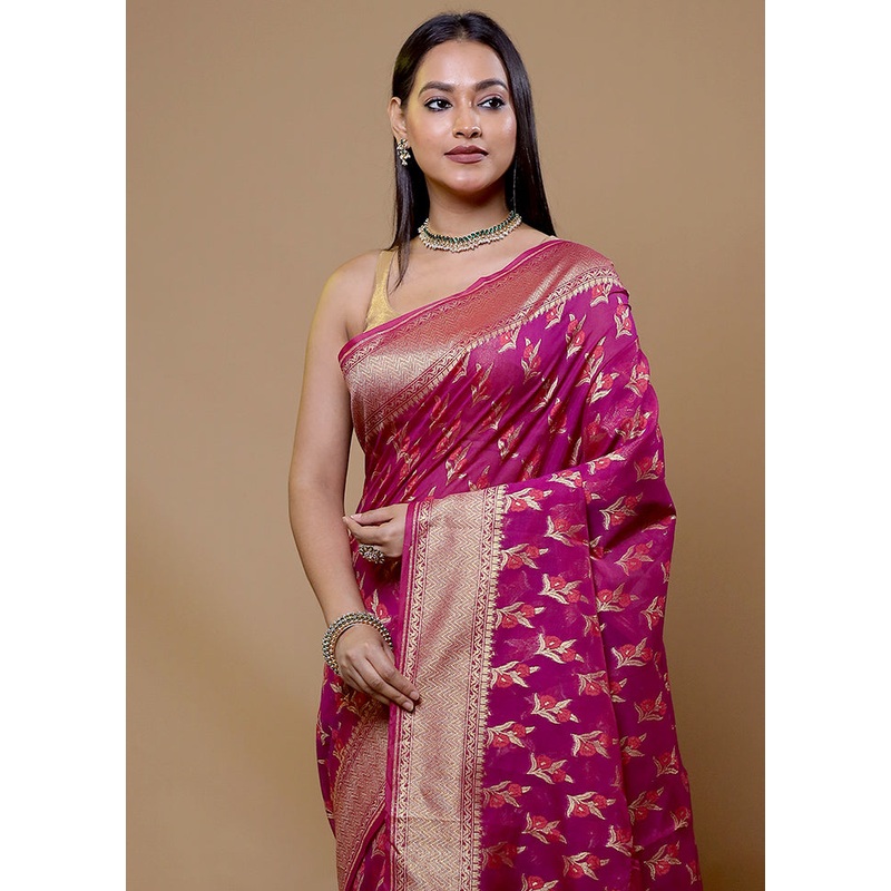 Pink Kora Silk Saree With Blouse Piece - JD986608991
