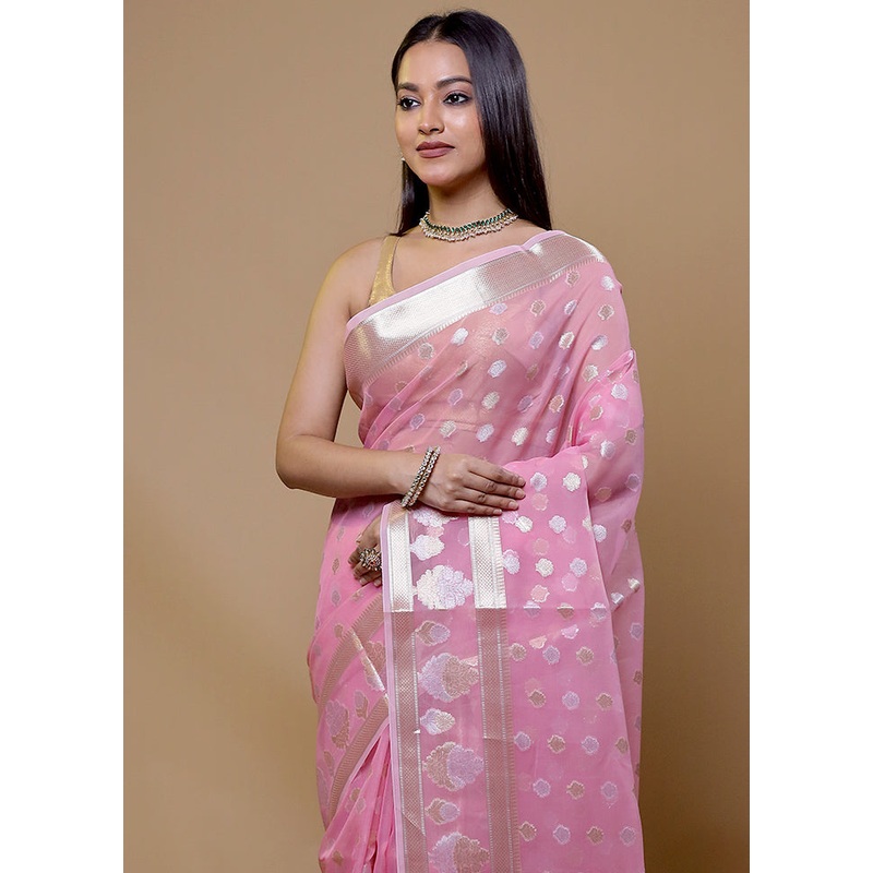 Pink Organza Saree With Blouse Piece - JD986608988