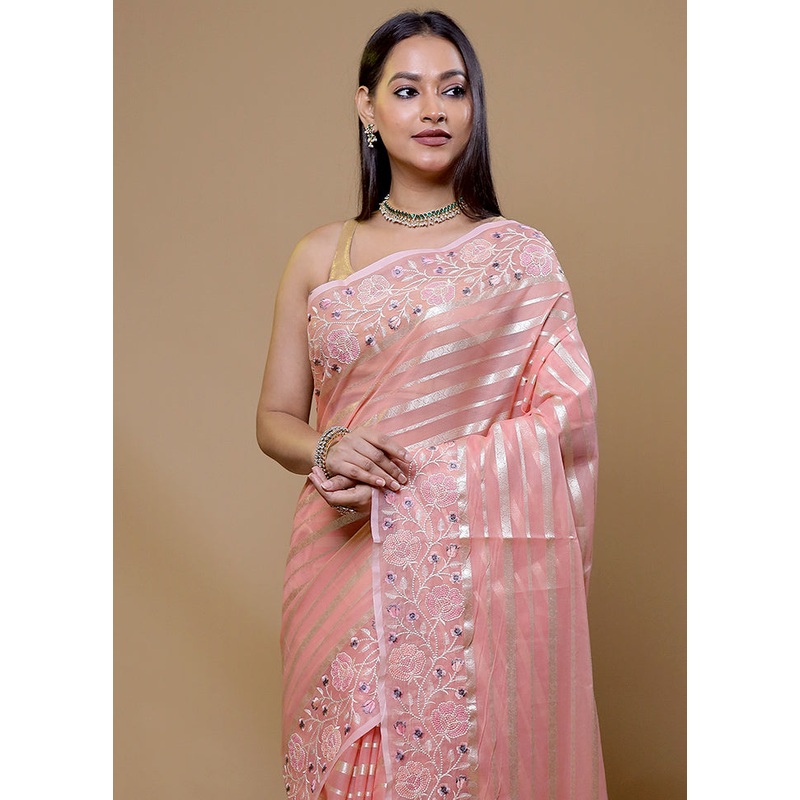 Pink Organza Saree With Blouse Piece - JD986608989