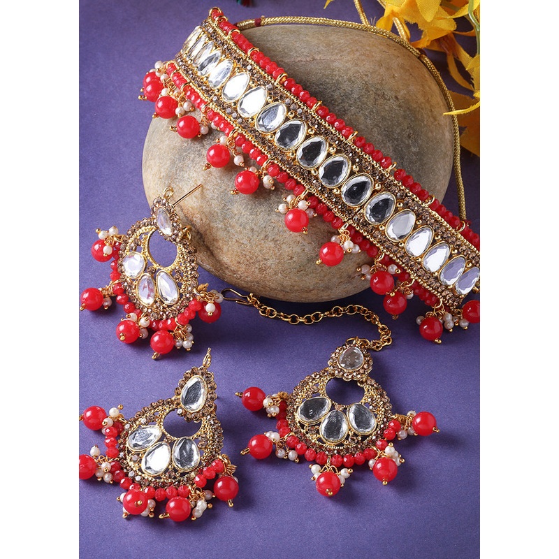 Red Alloy Glossy Jewellery Set - JD986609330