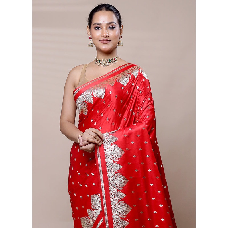 Red Banarasi Silk Saree With Blouse Piece - JD986608978
