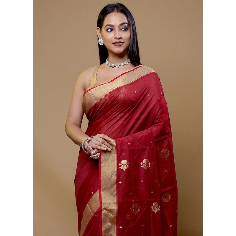 Red Chanderi Cotton Saree With Blouse Piece - JD986608977