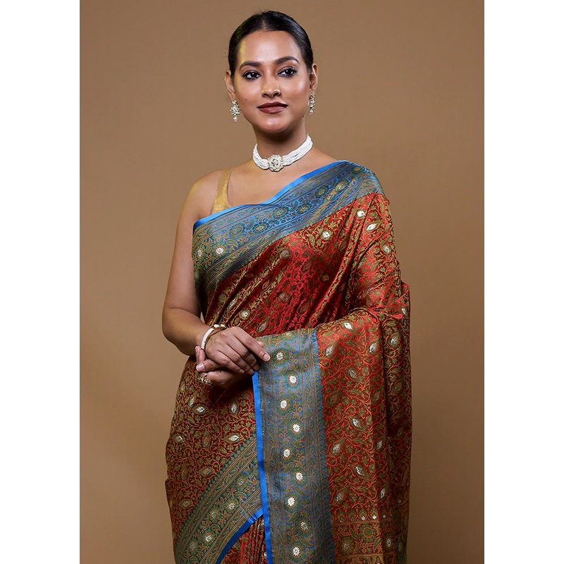 Red Tanchoi Silk Saree With Blouse Piece - JD986609078