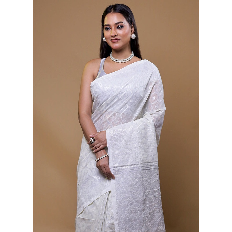 White Cotton Saree With Blouse Piece - JD986609077