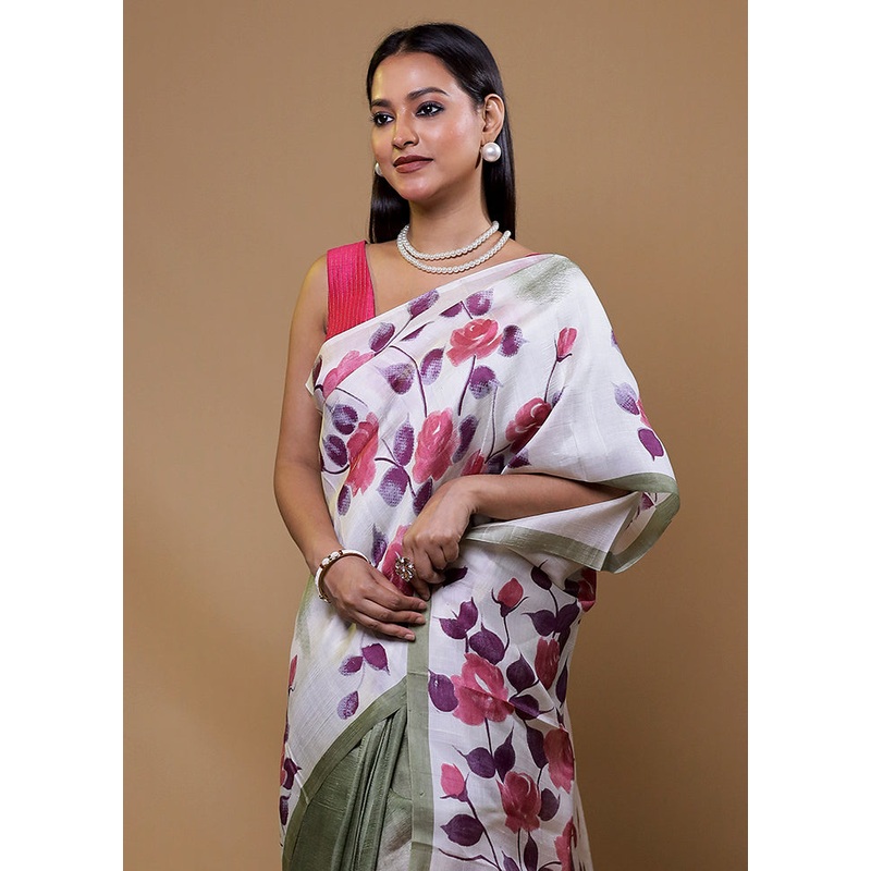 White Printed Pure Silk Saree Without Blouse Piece - JD986609074