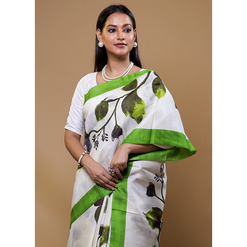 White Printed Pure Silk Saree Without Blouse Piece - JD986609075