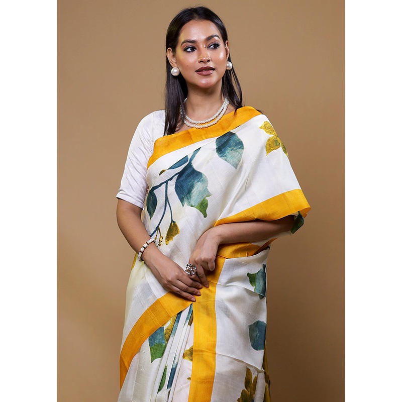 White Printed Pure Silk Saree Without Blouse Piece - JD986609076