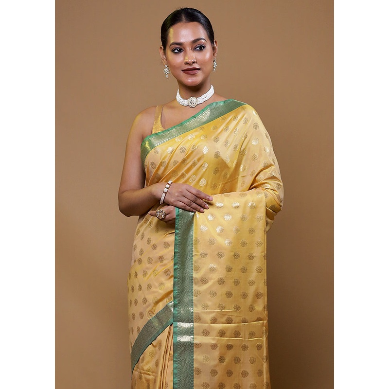 Yellow Cotton Saree With Blouse Piece - JD986609073