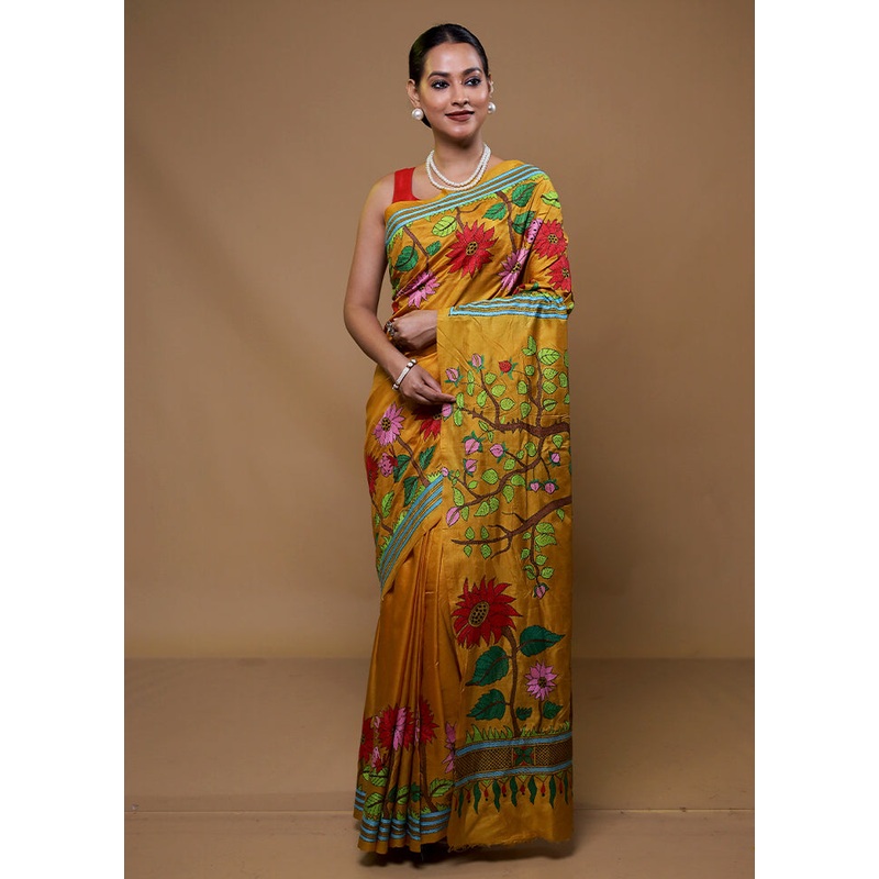 Yellow Handloom Kantha Stitch Pure Silk Saree With Blouse Piece - JD986609072