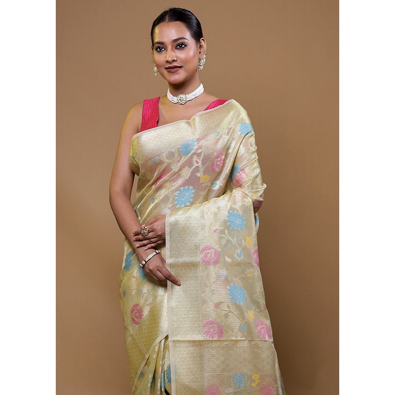 Yellow Organza Saree With Blouse Piece - JD986609071
