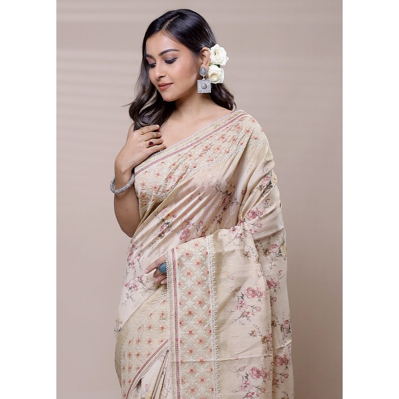 Beige Tussar Silk Saree With Blouse Piece - JD986608961