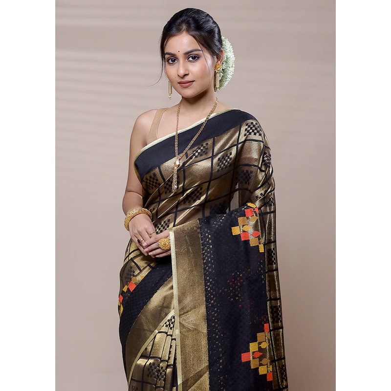 Black Net Saree With Blouse Piece - JD986608960